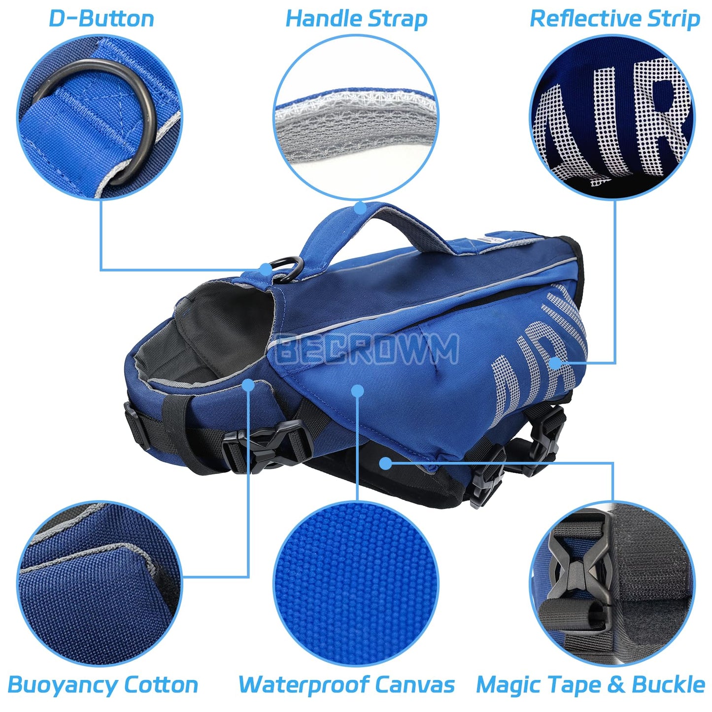 BECROWM Dog Life Jacket Ripstop Dogs Life Vest for Swimming Boating Dog Safety Vest Adjustable Preserver with High Buoyancy and Durable Rescue Handle for Small,Medium,Large Dogs