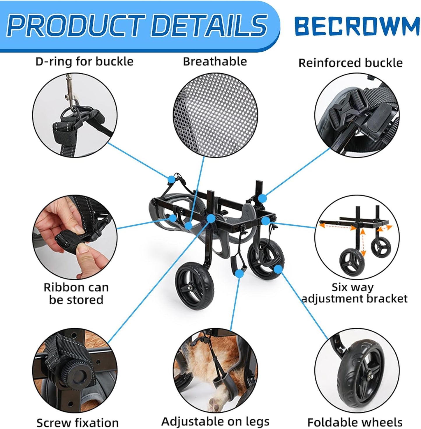 Dog Wheelchair for Back Legs, Light Weight Dog&Cat&Pets Wheelchair Cart with Disabled Hind Legs Walking, Adjustable Doggy Wheelchair Cart with Wheels for Back Legs Large Dog