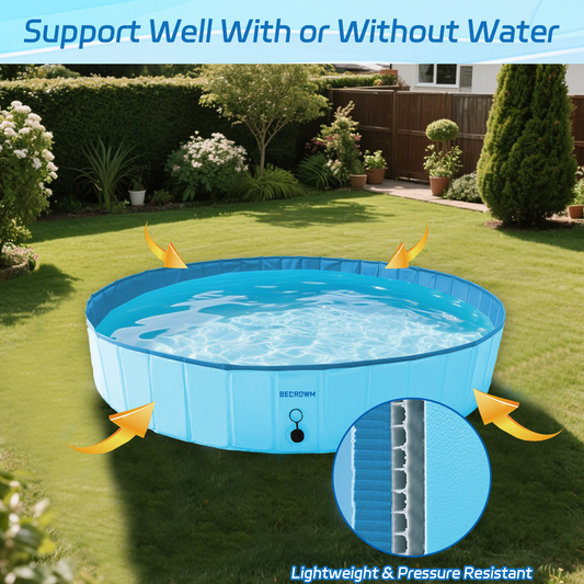 BECROWM Foldable Dog Pool with 6 Silicone Balls Dogs Swimming Pools 32"/48"/63" Dog Pet Bath Pools Hard Plastic Collapsible Pool For Dogs