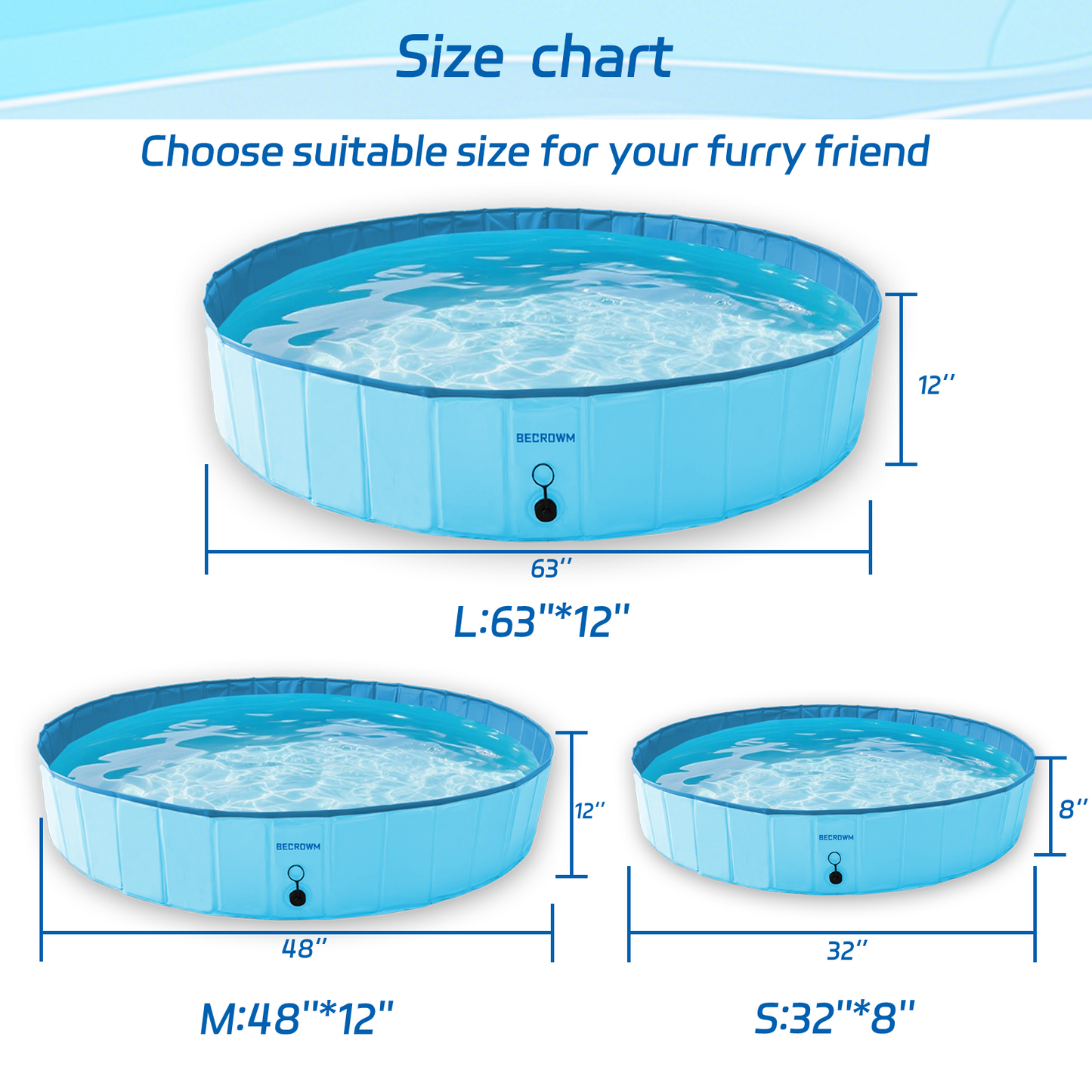 BECROWM Foldable Dog Pool with 6 Silicone Balls Dogs Swimming Pools 32"/48"/63" Dog Pet Bath Pools Hard Plastic Collapsible Pool For Dogs