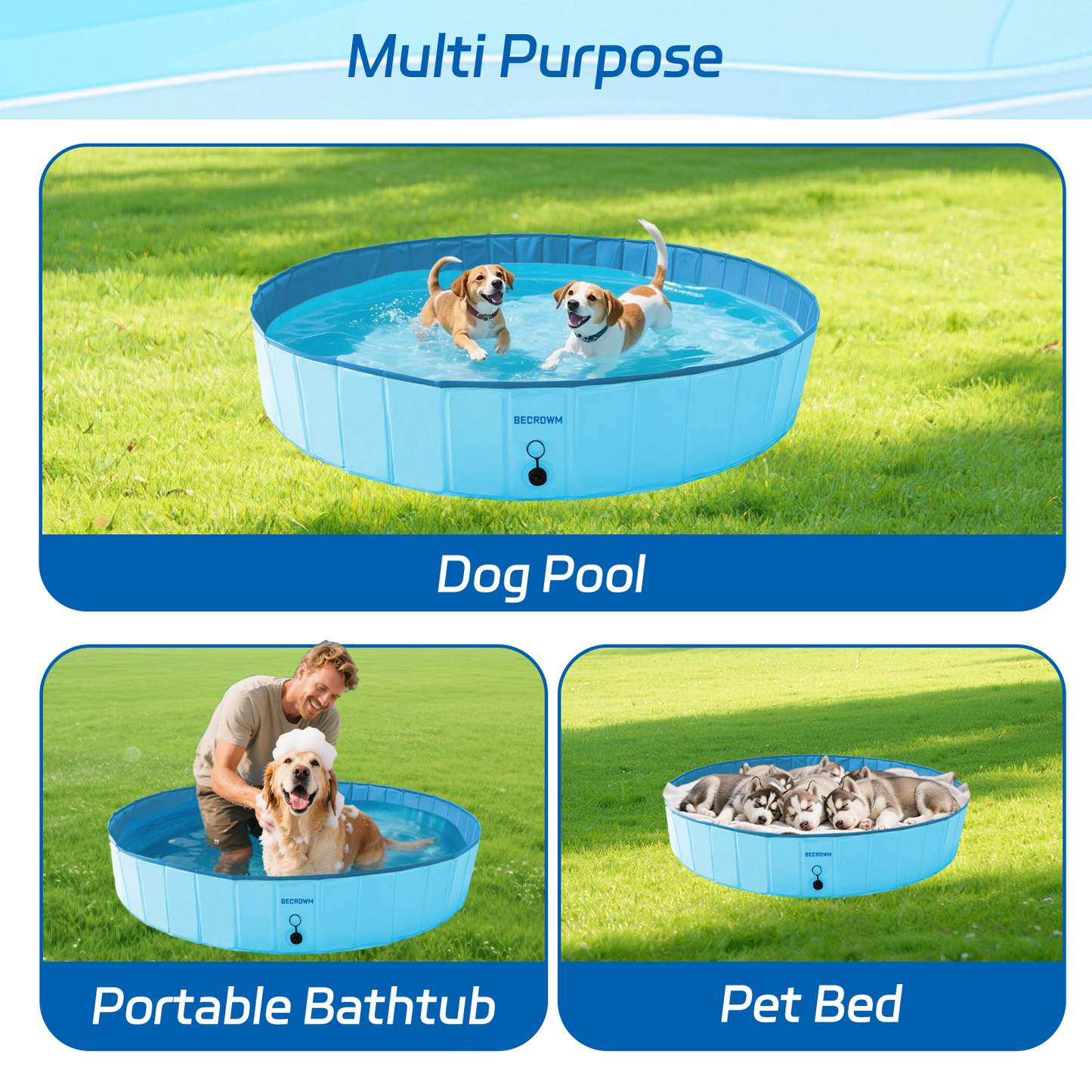BECROWM Foldable Dog Pool with 6 Silicone Balls Dogs Swimming Pools 32"/48"/63" Dog Pet Bath Pools Hard Plastic Collapsible Pool For Dogs