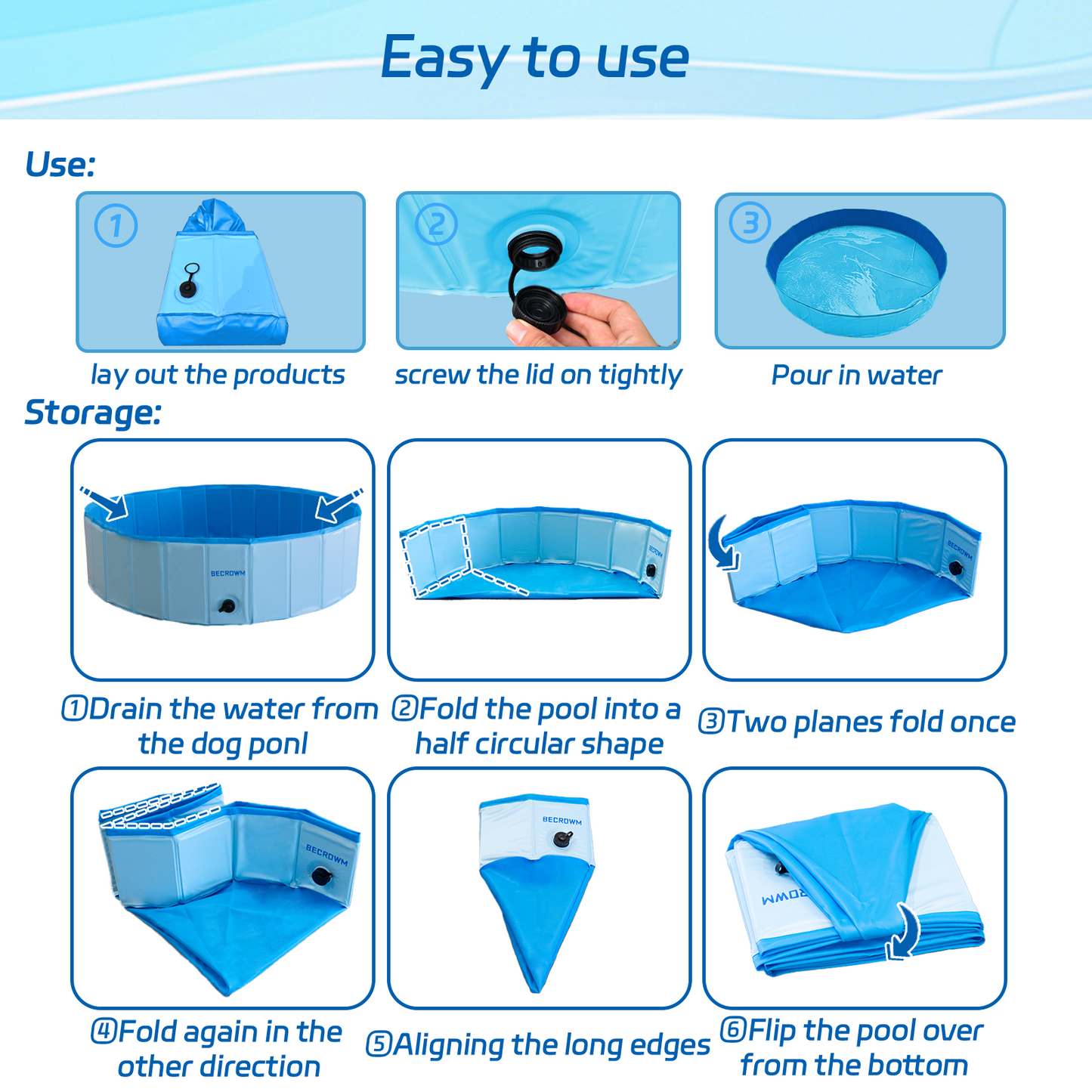 BECROWM Foldable Dog Pool with 6 Silicone Balls Dogs Swimming Pools 32"/48"/63" Dog Pet Bath Pools Hard Plastic Collapsible Pool For Dogs