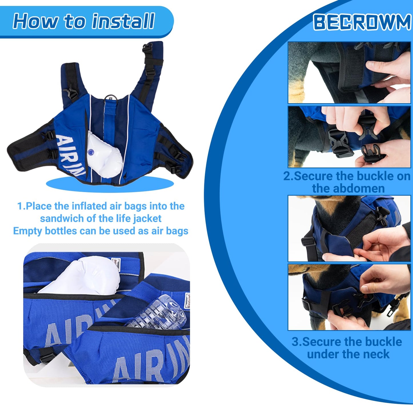 BECROWM Dog Life Jacket Ripstop Dogs Life Vest for Swimming Boating Dog Safety Vest Adjustable Preserver with High Buoyancy and Durable Rescue Handle for Small,Medium,Large Dogs