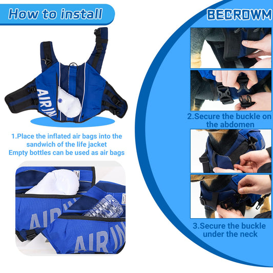 BECROWM Dog Life Jacket Ripstop Dogs Life Vest for Swimming Boating Dog Safety Vest Adjustable Preserver with High Buoyancy and Durable Rescue Handle for Small,Medium,Large Dogs