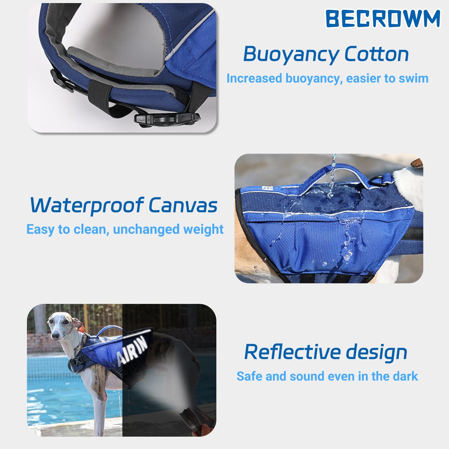 BECROWM Dog Life Jacket Ripstop Dogs Life Vest for Swimming Boating Dog Safety Vest Adjustable Preserver with High Buoyancy and Durable Rescue Handle for Small,Medium,Large Dogs