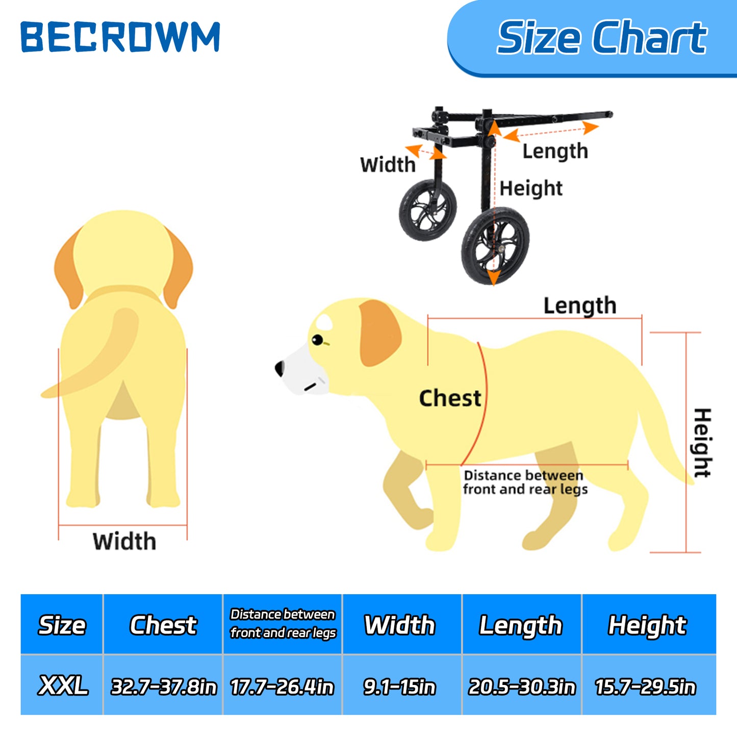 BECROWM Dog Wheelchair for Back Legs Large, Light Weight Dog&Cat&Pets Wheelchair- Cart with Disabled Hind Legs Walking, Adjustable Doggy Wheelchairs Cart with Wheels for Back Legs， (Gray, Large,XXL)