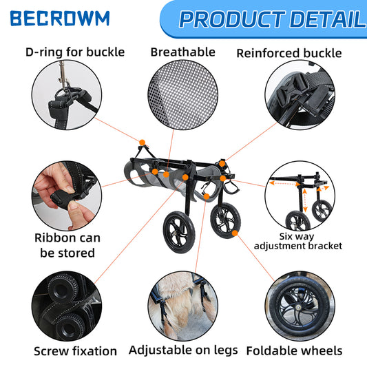 BECROWM Dog Wheelchair for Back Legs Large, Light Weight Dog&Cat&Pets Wheelchair- Cart with Disabled Hind Legs Walking, Adjustable Doggy Wheelchairs Cart with Wheels for Back Legs， (Gray, Large,XXL)